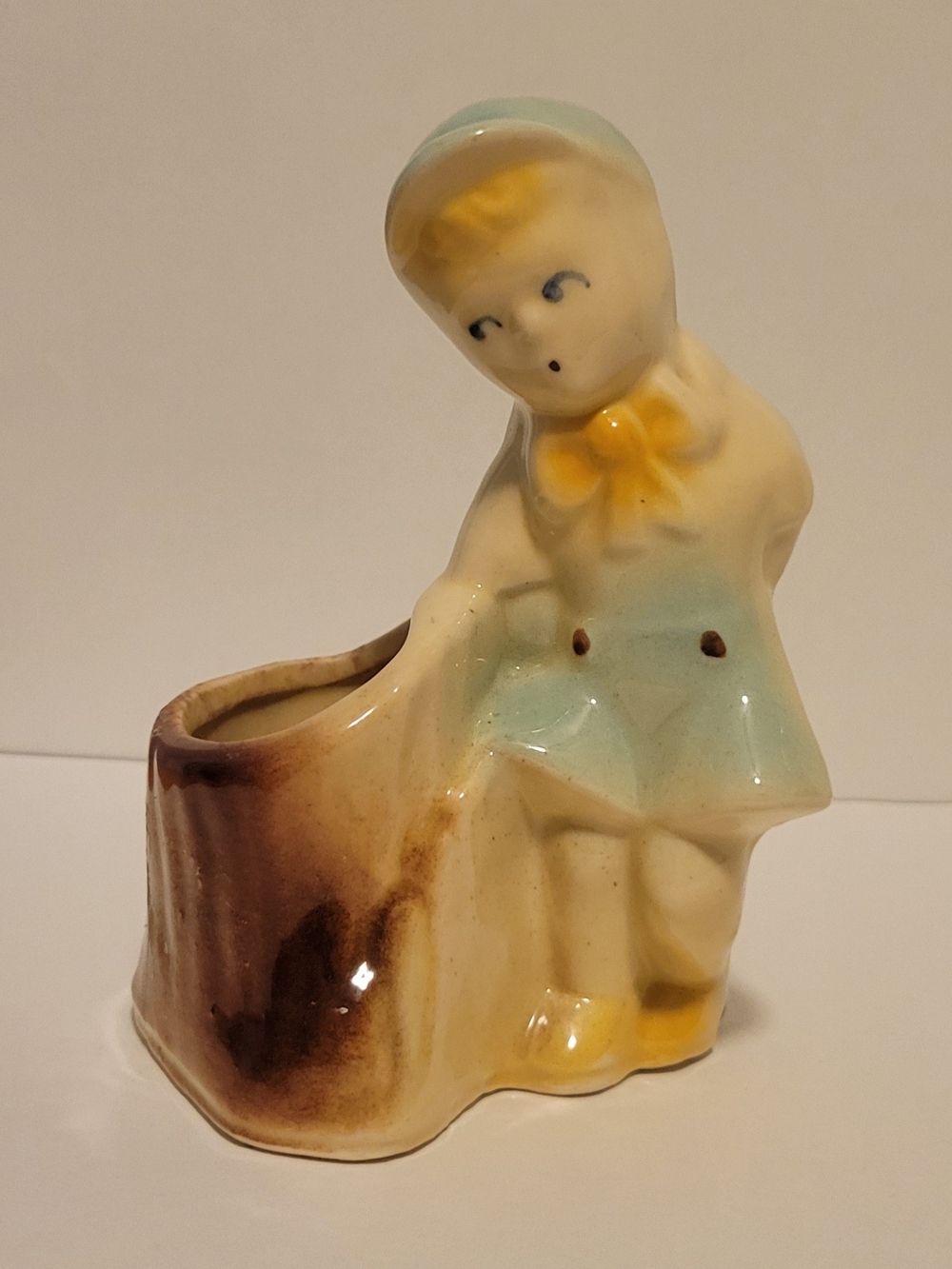 Ceramic Figurine Planter in Cream, Blue and Yellow